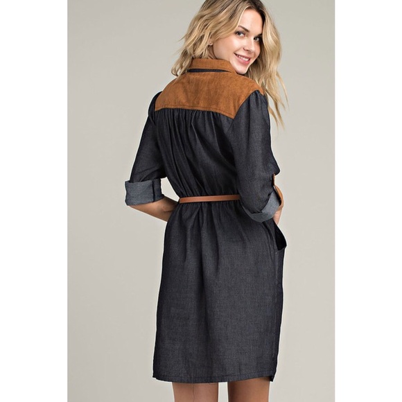 Belted Chambray Dress with Suede Contrast - Picture 3 of 6
